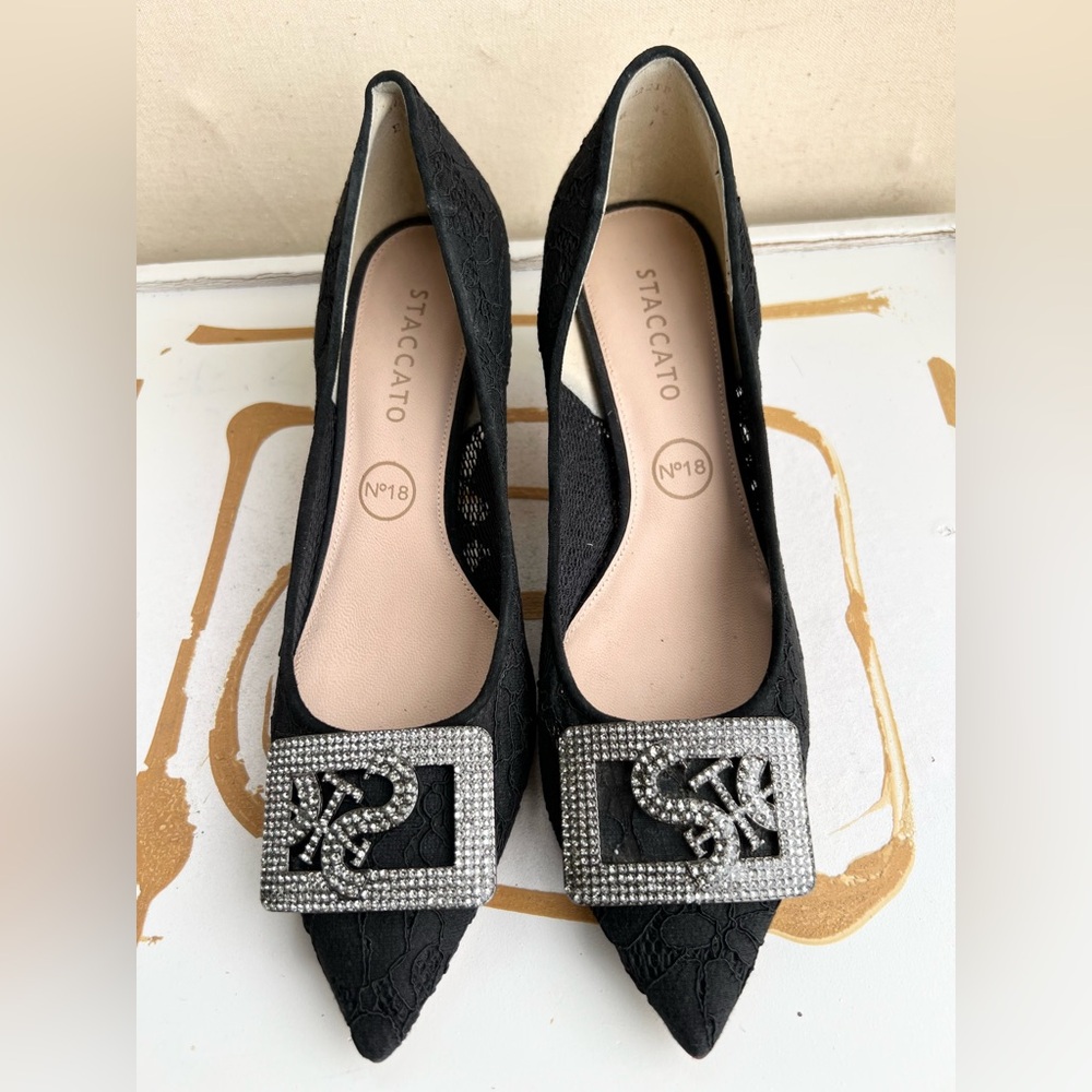 Staccato Black Heels with Silver Buckle